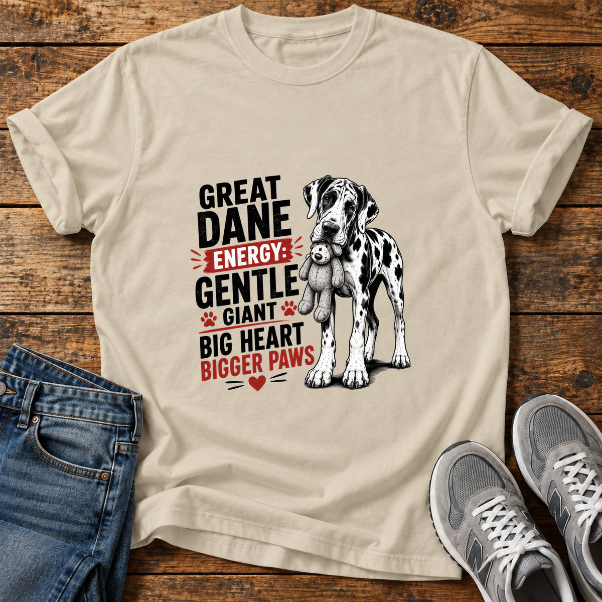 Great Dane Energy graphic T-shirt in Sand, shown on a flat-lay shirt mockup