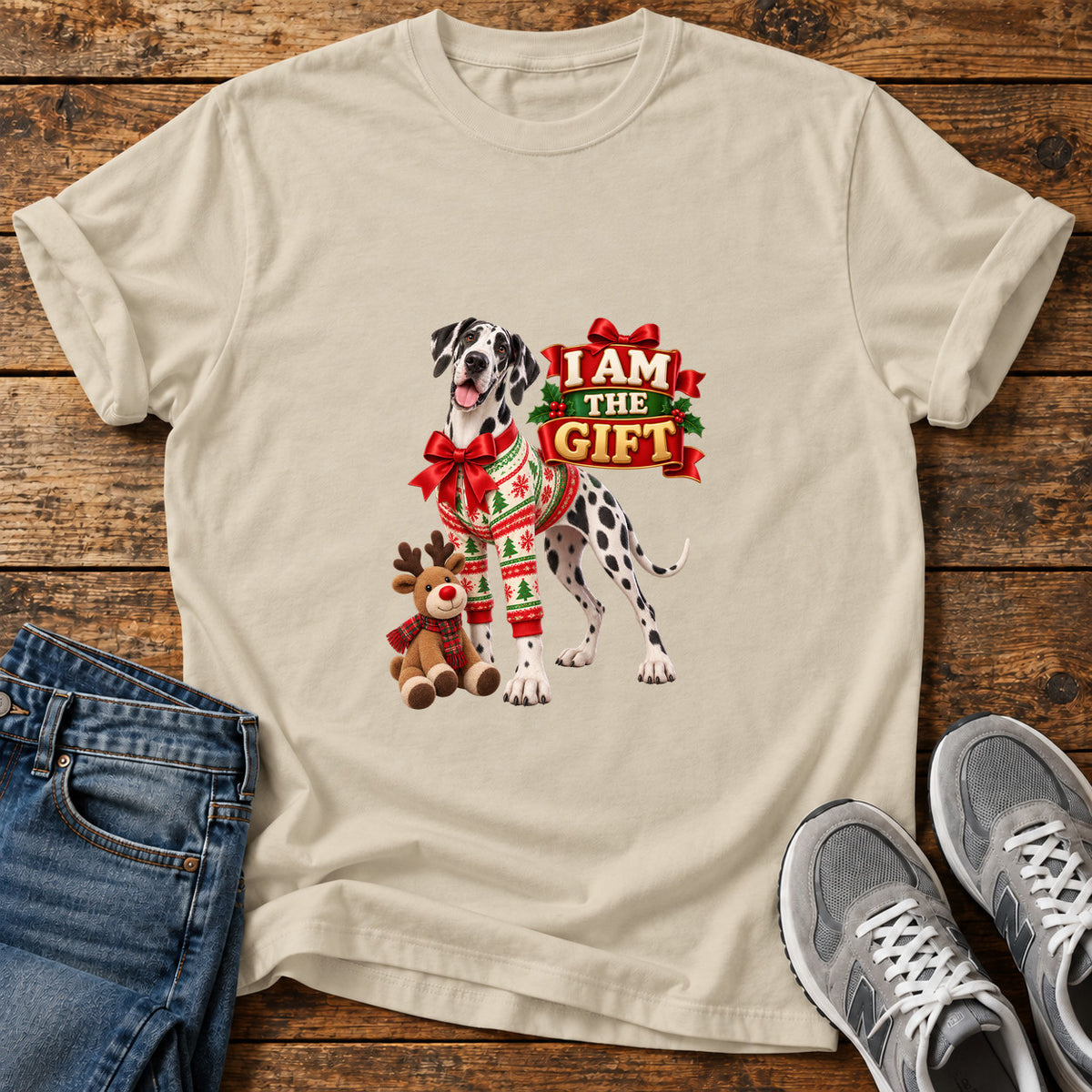 I Am Gift Great Dane graphic T-shirt in Sand, shown on a flat-lay shirt mockup
