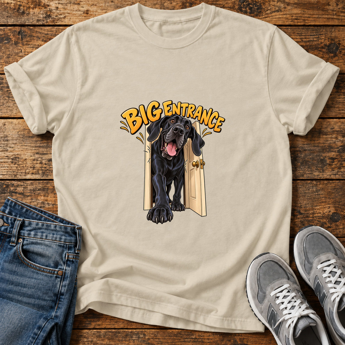 Big Entrance Great Dane graphic T-shirt in Sand, shown on a flat-lay shirt mockup