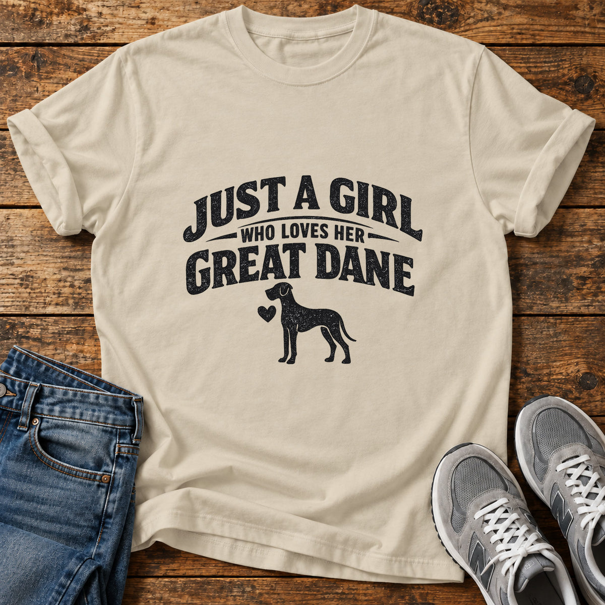 Girl Loves Great Great Dane graphic T-shirt in Sand, shown on a flat-lay shirt mockup