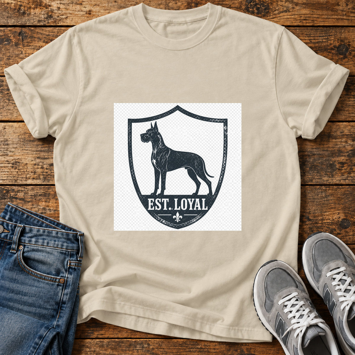Est Loyal Great Dane graphic T-shirt in Sand, shown on a flat-lay shirt mockup