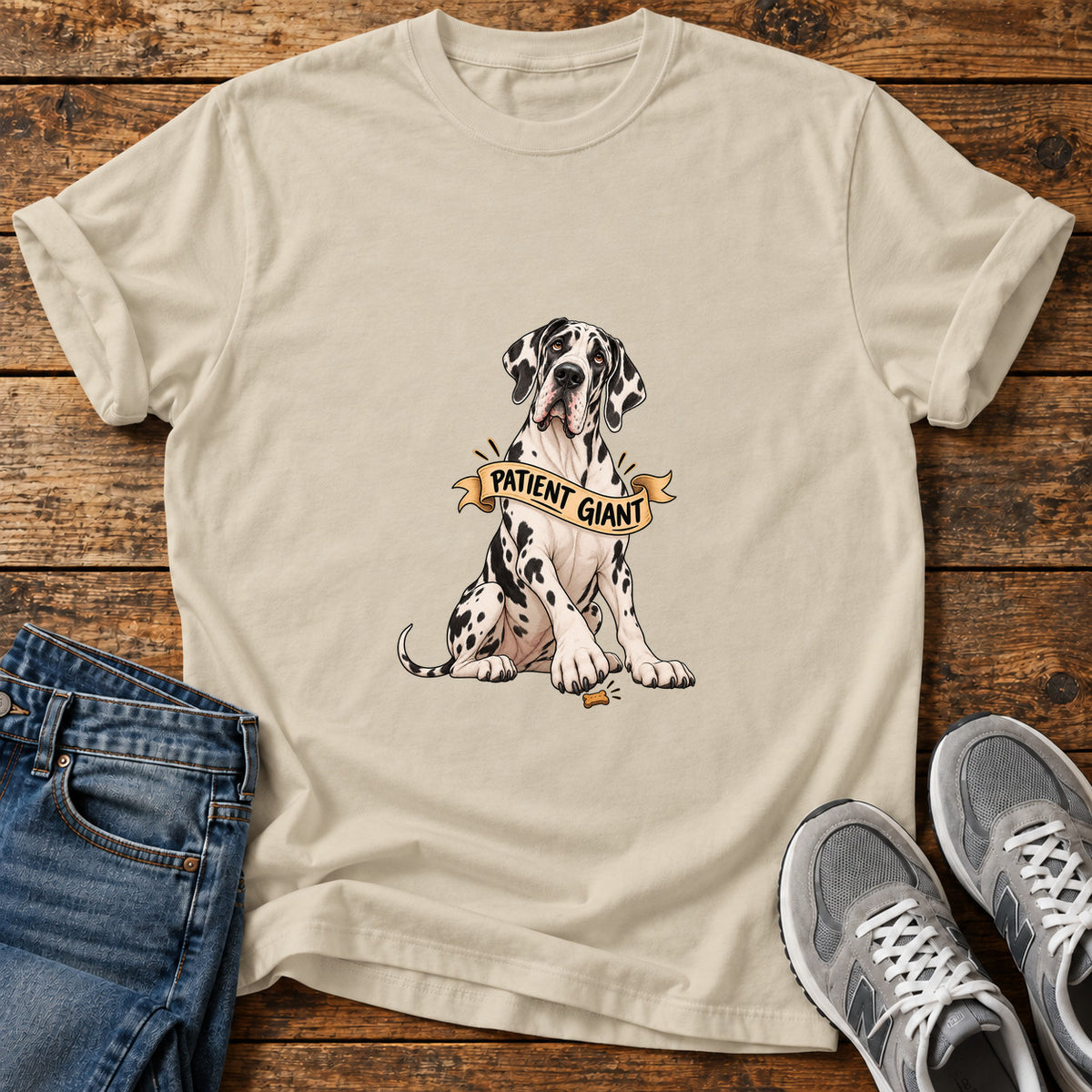 Patient Giant Great Dane graphic T-shirt in Sand, shown on a flat-lay shirt mockup
