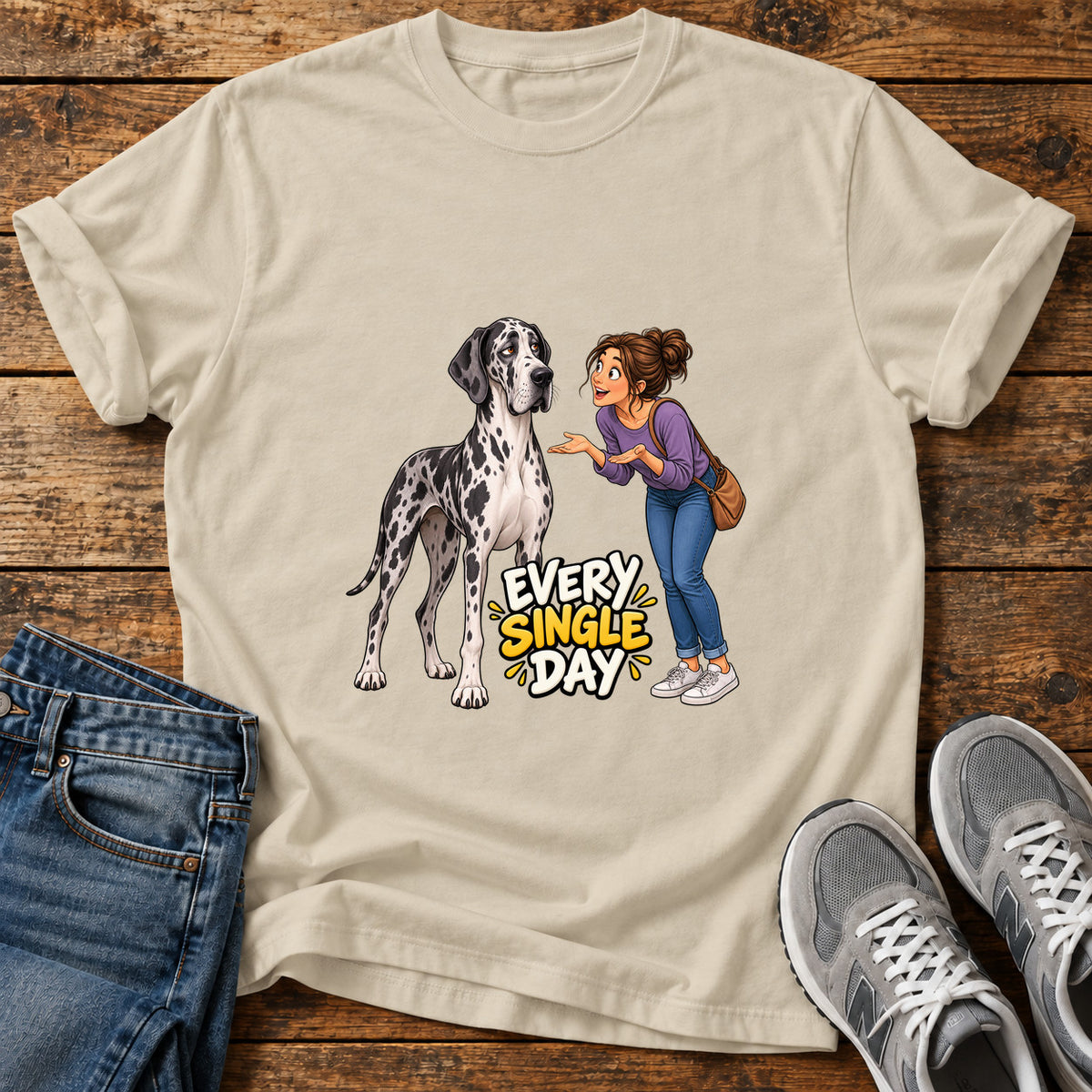 Every Single Day Great Dane graphic T-shirt in Sand, shown on a flat-lay shirt mockup