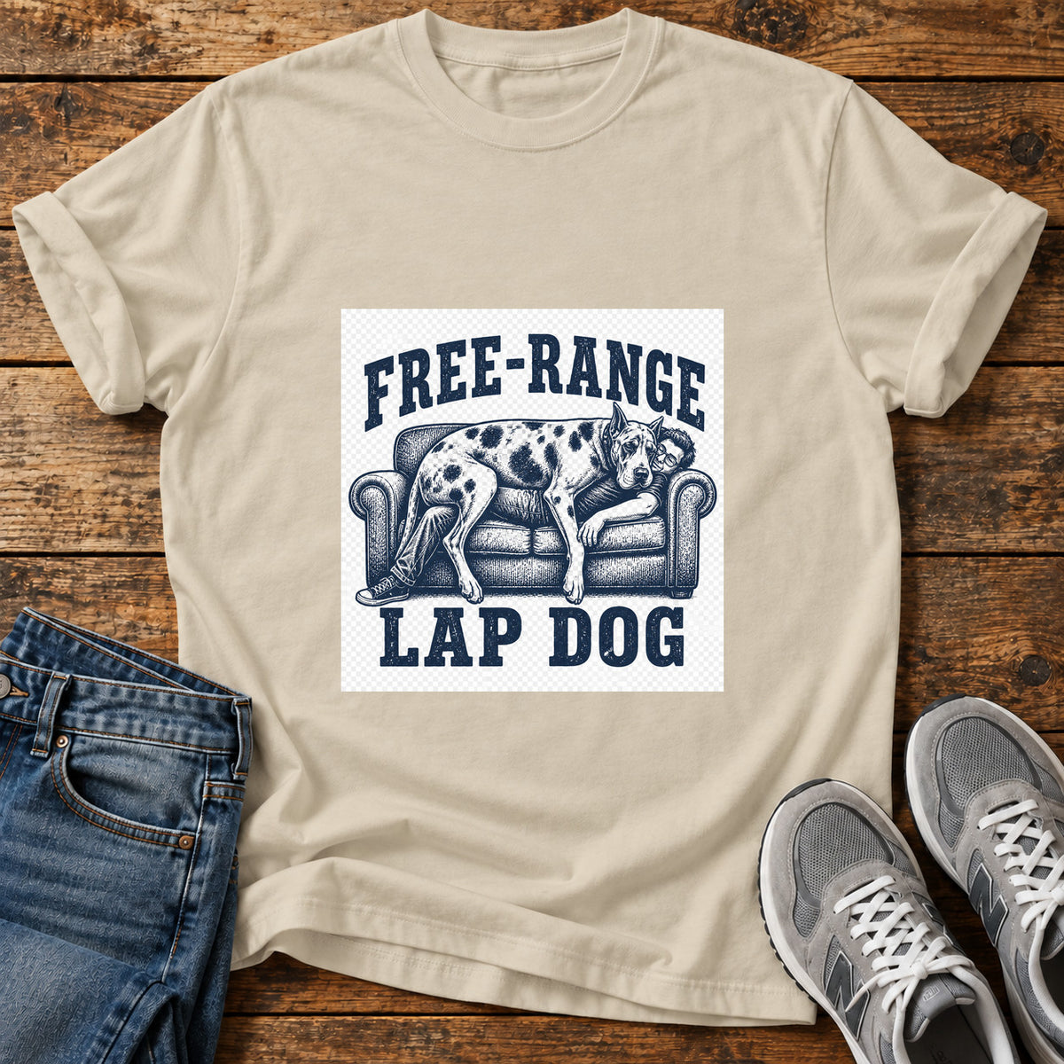 Free-Range Lap Dog Great Dane graphic T-shirt in Sand, shown on a flat-lay shirt mockup