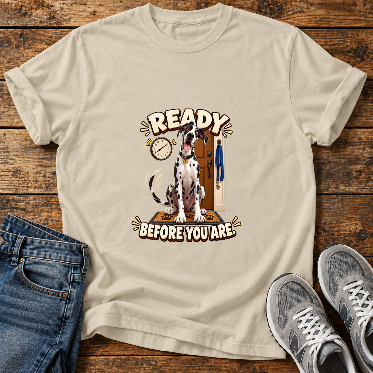 Ready Before You Great Dane graphic T-shirt in Sand, shown on a flat-lay shirt mockup