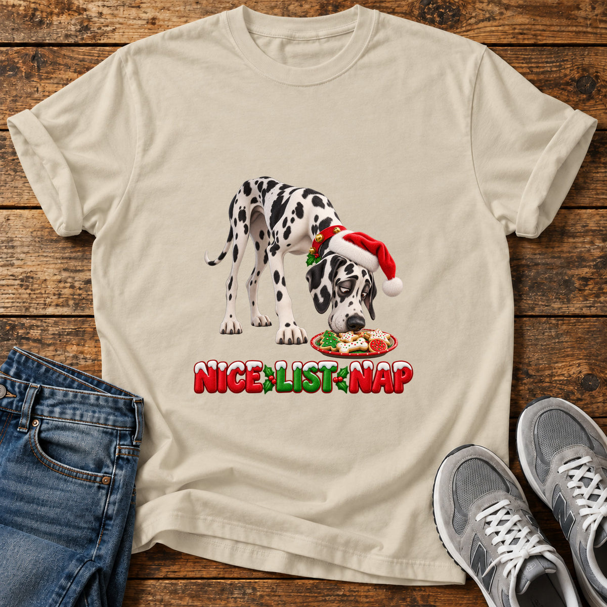 Nice List Nap Great Dane graphic T-shirt in Sand, shown on a flat-lay shirt mockup