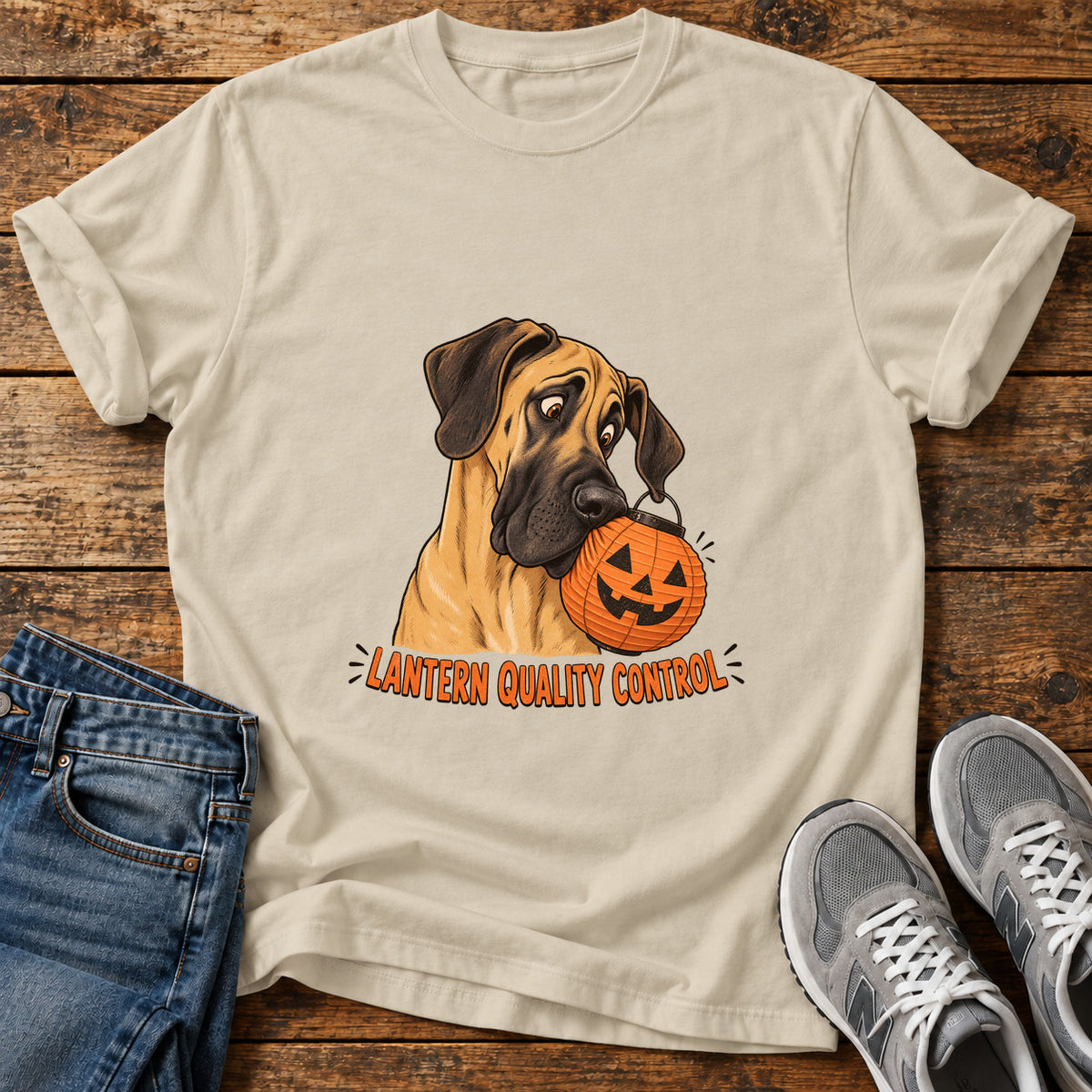 Lantern Quality Control Great Dane graphic T-shirt in Sand, shown on a flat-lay shirt mockup