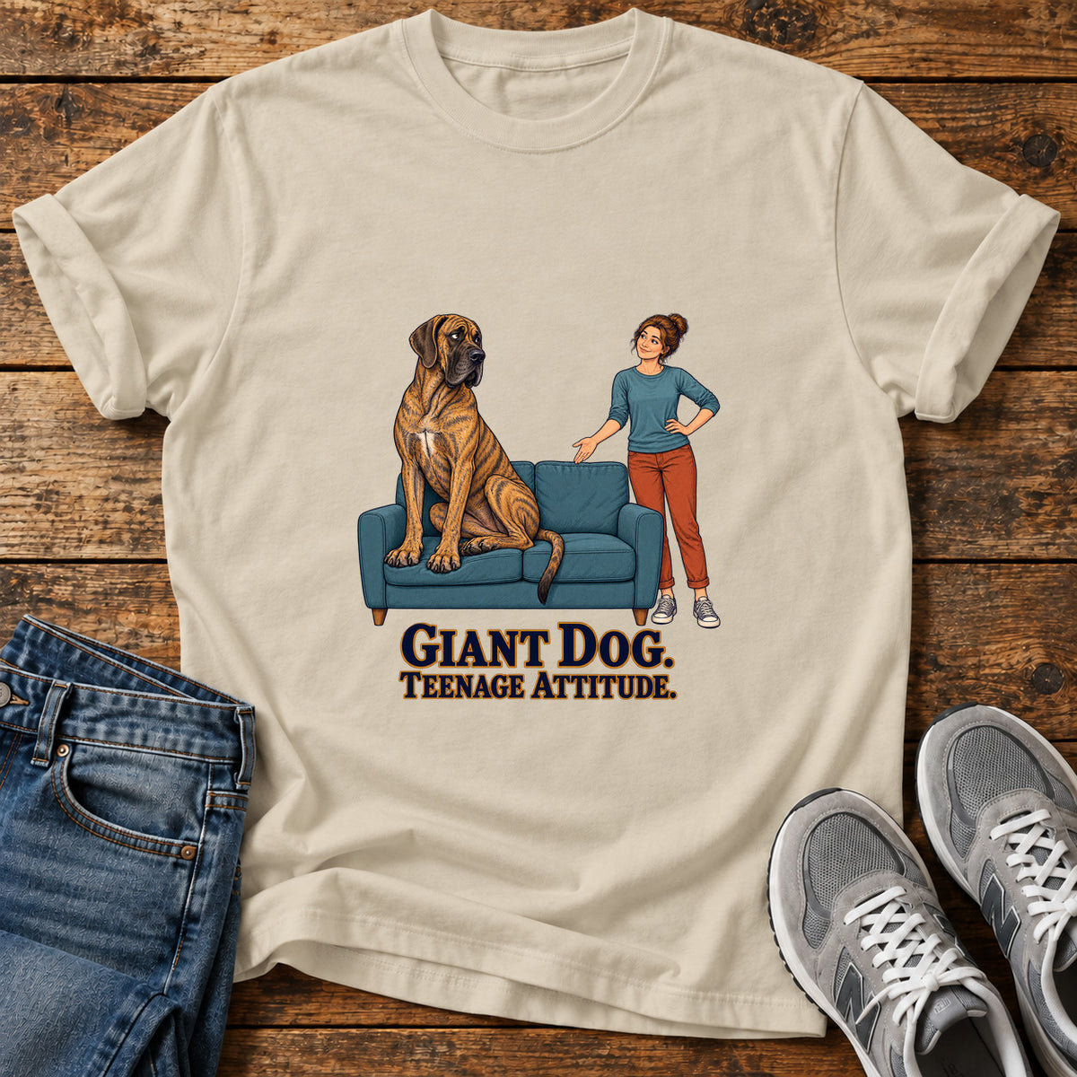 Giant Dog Attitude Great Dane graphic T-shirt in Sand, shown on a flat-lay shirt mockup