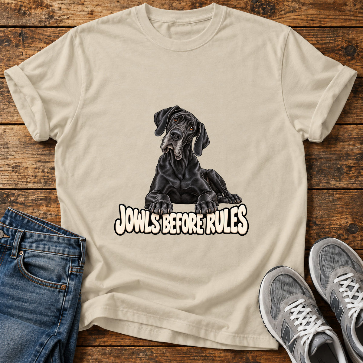 Jowls Before Rules Great Dane graphic T-shirt in Sand, shown on a flat-lay shirt mockup
