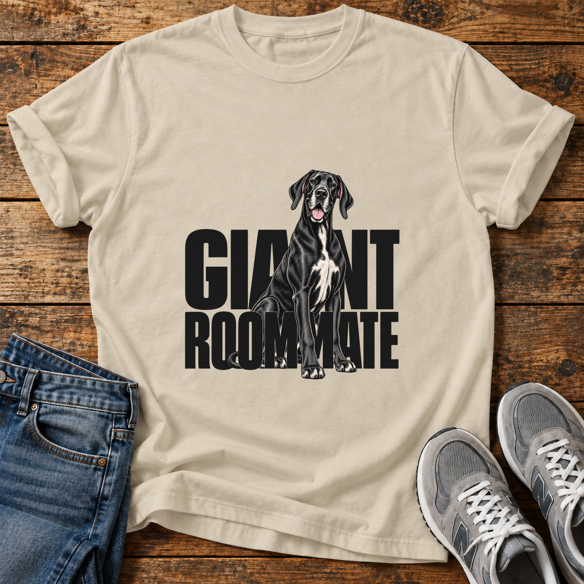 Giant Roommate Great Dane graphic T-shirt in Sand, shown on a flat-lay shirt mockup