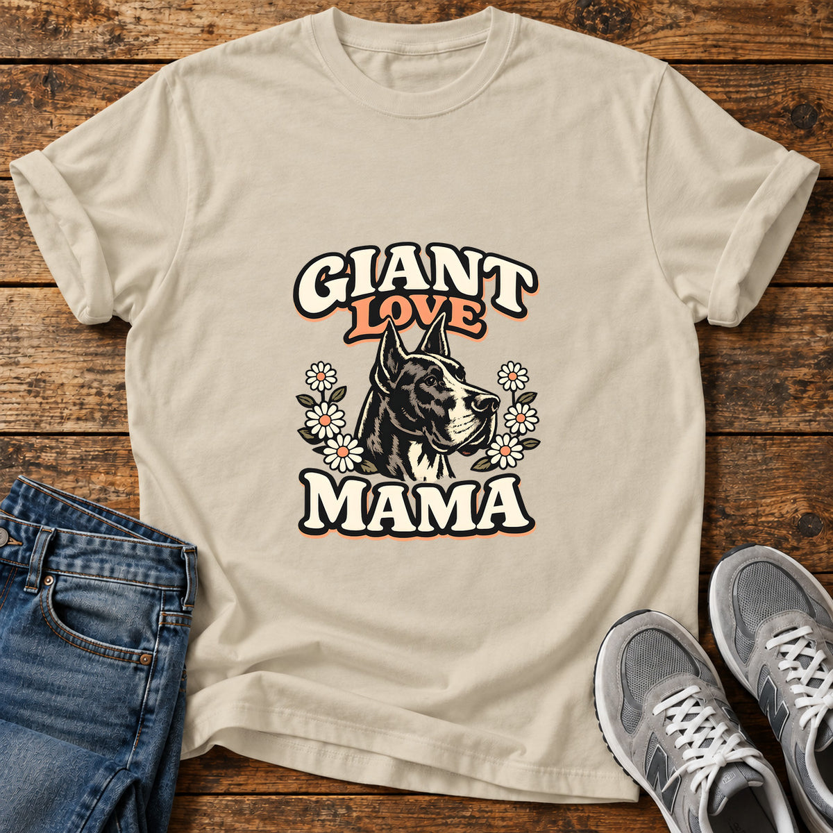 Giant Love Mama Great Dane graphic T-shirt in Sand, shown on a flat-lay shirt mockup
