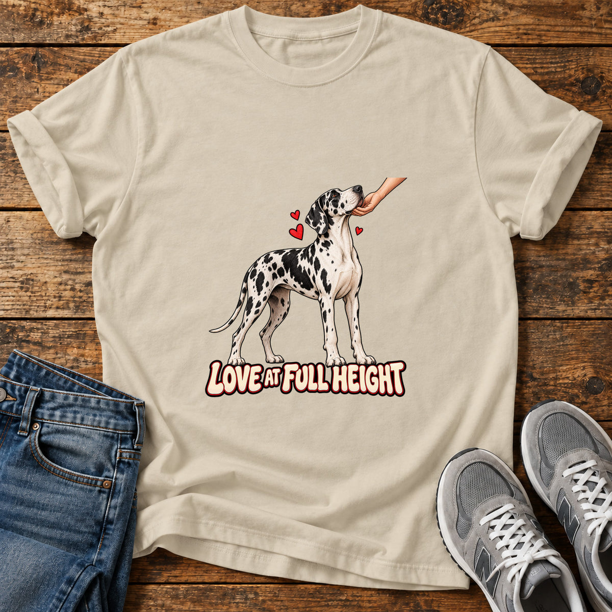 Love At Full Great Dane graphic T-shirt in Sand, shown on a flat-lay shirt mockup