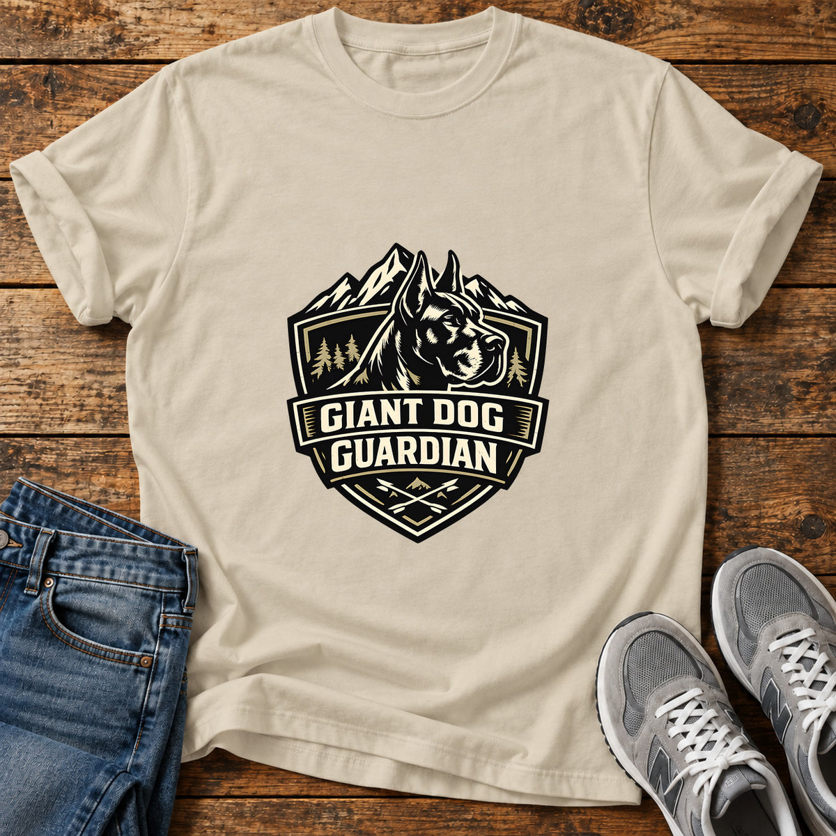 Giant Dog Guardian Great Dane graphic T-shirt in Sand, shown on a flat-lay shirt mockup