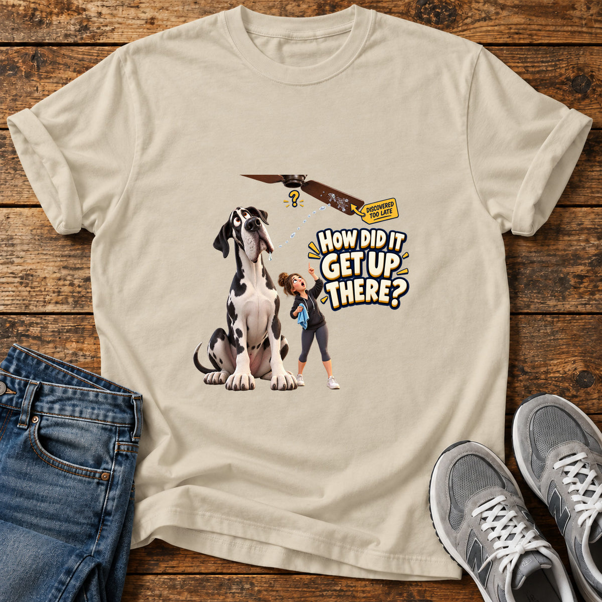 How Did It Great Dane graphic T-shirt in Sand, shown on a flat-lay shirt mockup