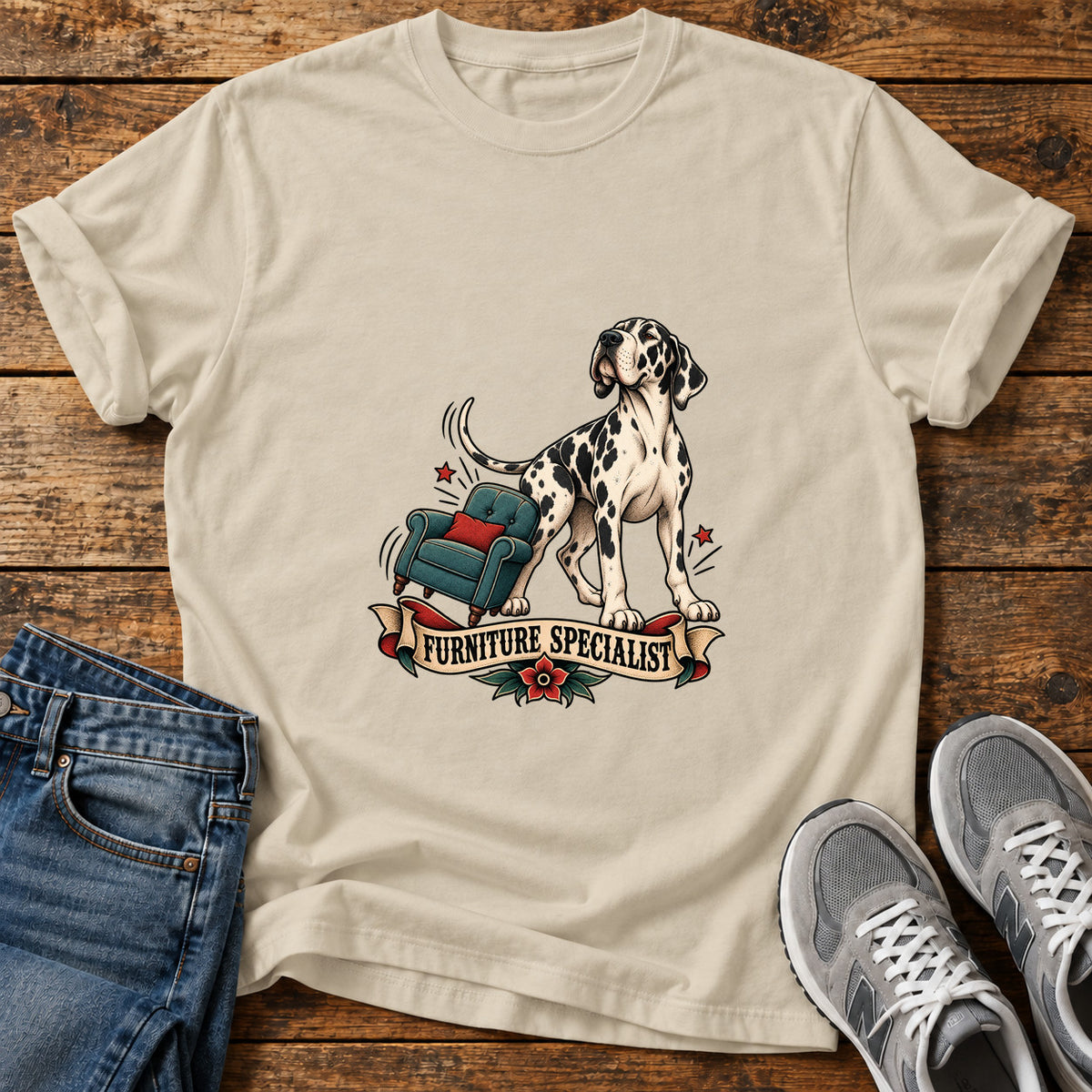 Furniture Specialist Great Dane graphic T-shirt in Sand, shown on a flat-lay shirt mockup