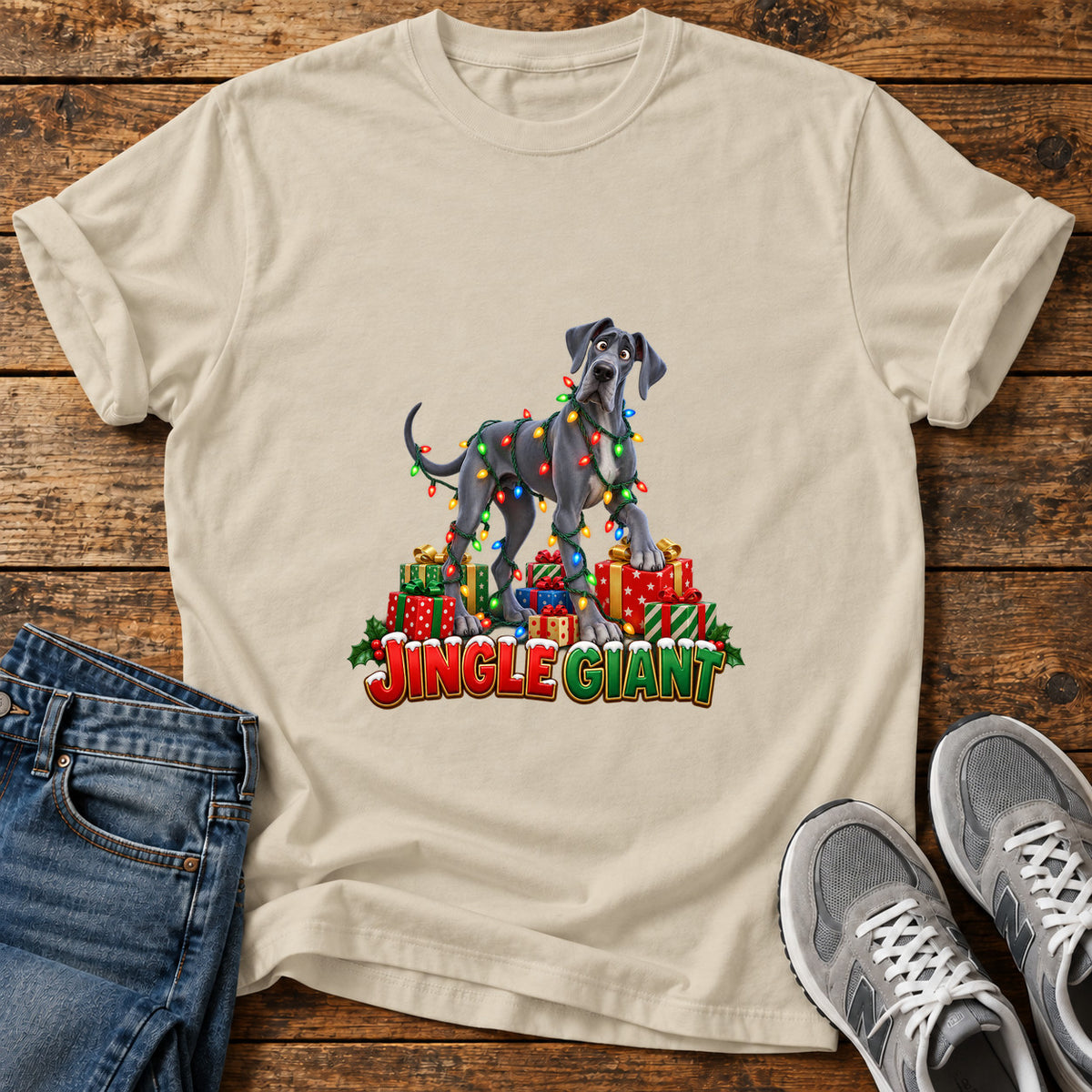 Jingle Giant Great Dane graphic T-shirt in Sand, shown on a flat-lay shirt mockup