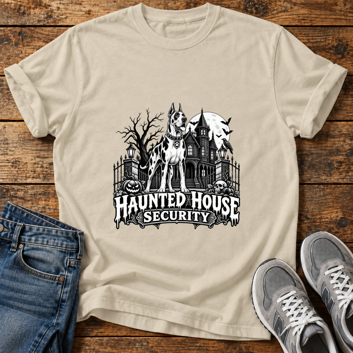 Haunted House Security Great Dane graphic T-shirt in Sand, shown on a flat-lay shirt mockup