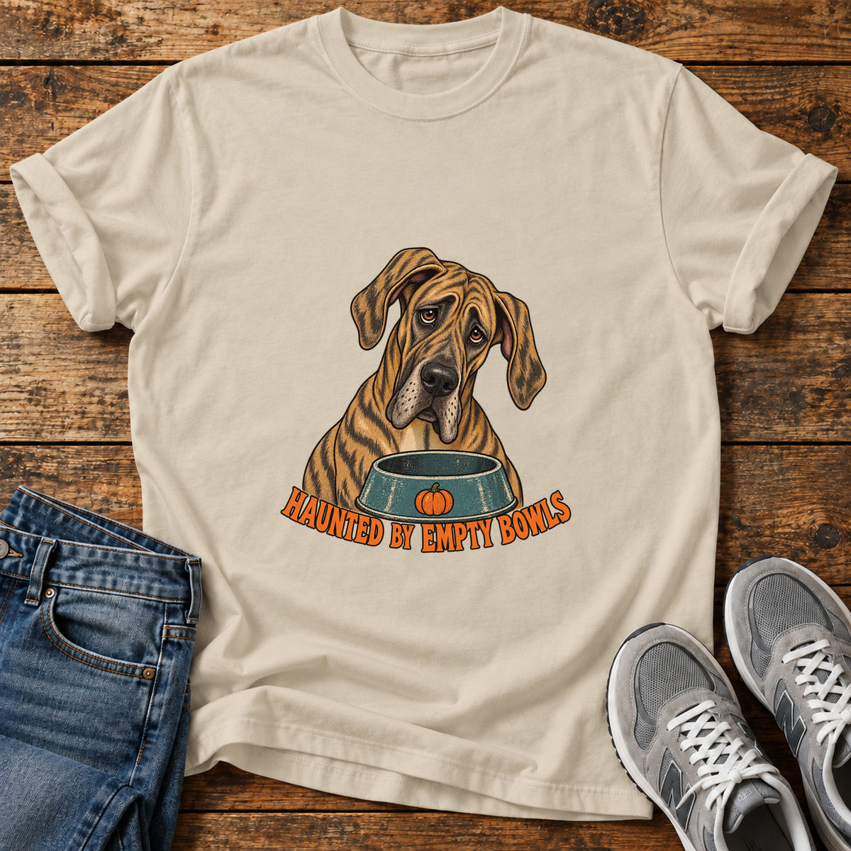 Haunted Bowls Great Dane graphic T-shirt in Sand, shown on a flat-lay shirt mockup