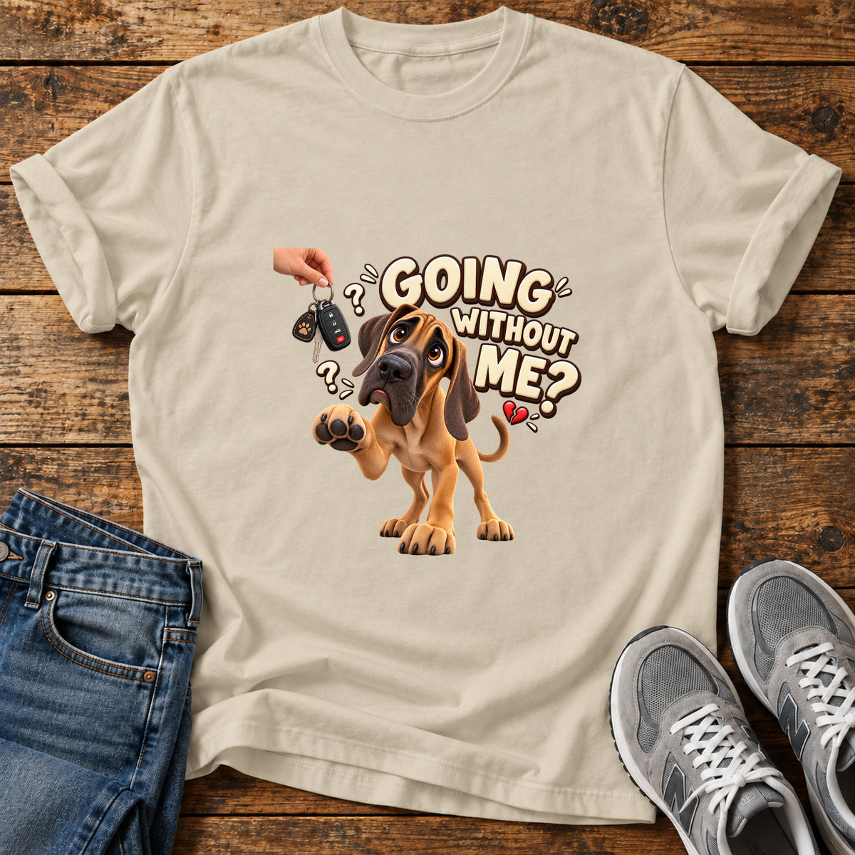 Going Without Me Great Dane graphic T-shirt in Sand, shown on a flat-lay shirt mockup