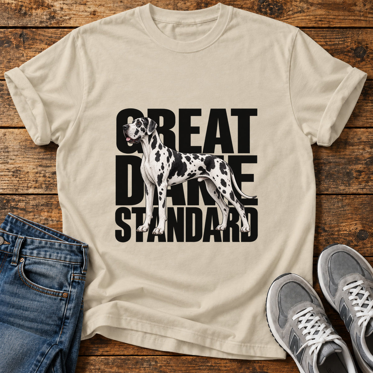 Great Dane Standard graphic T-shirt in Sand, shown on a flat-lay shirt mockup