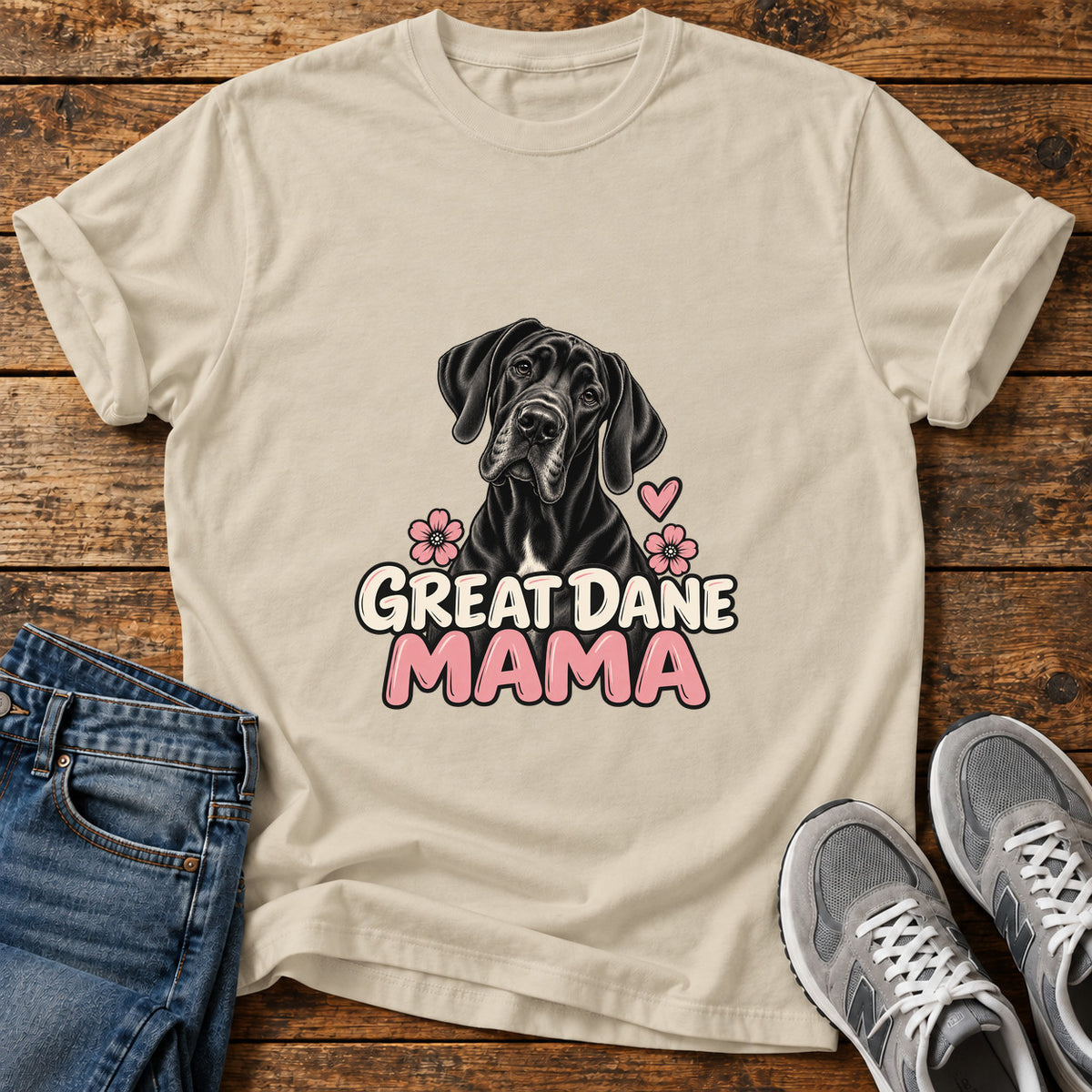 Great Dane Mama graphic T-shirt in Sand, shown on a flat-lay shirt mockup