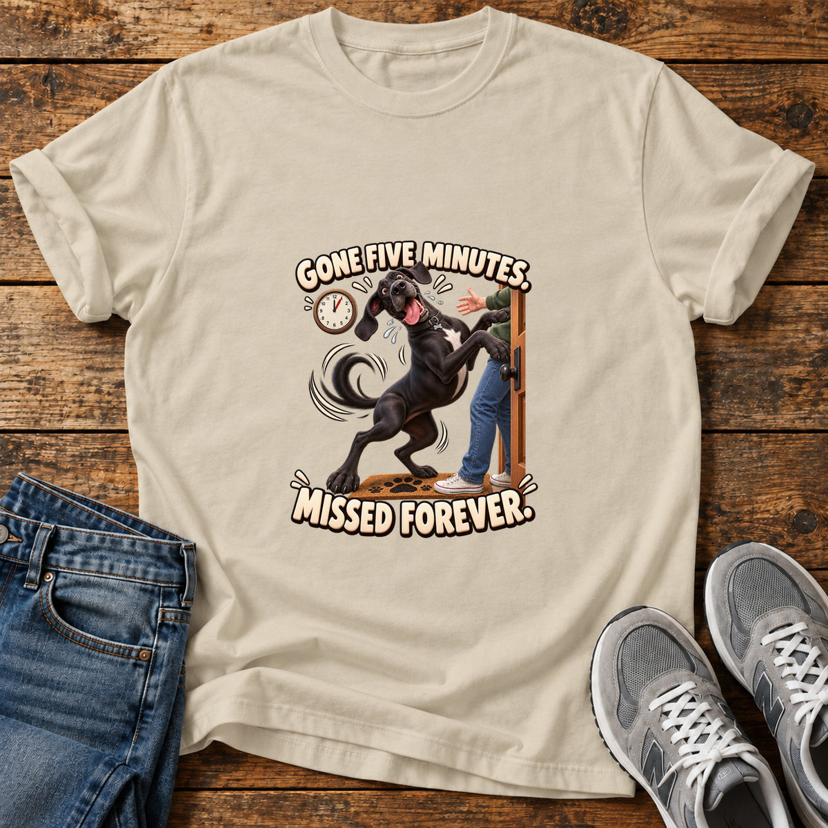 Gone Five Minutes Great Dane graphic T-shirt in Sand, shown on a flat-lay shirt mockup