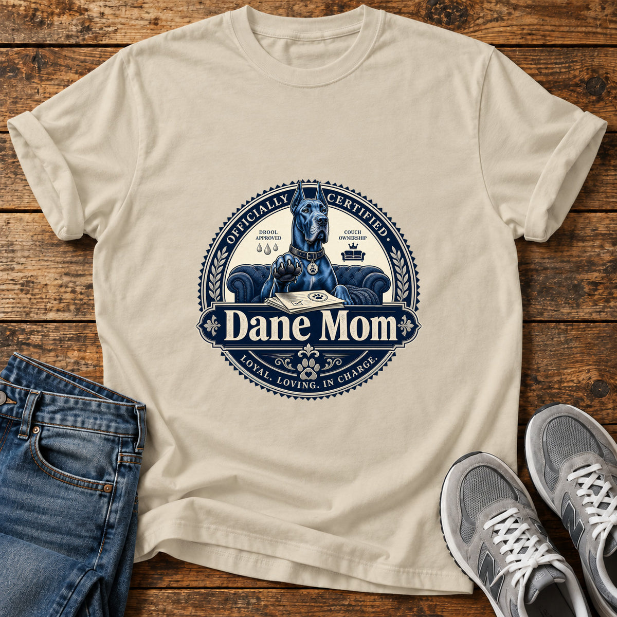 Dane Mom Great Dane graphic T-shirt in Sand, shown on a flat-lay shirt mockup