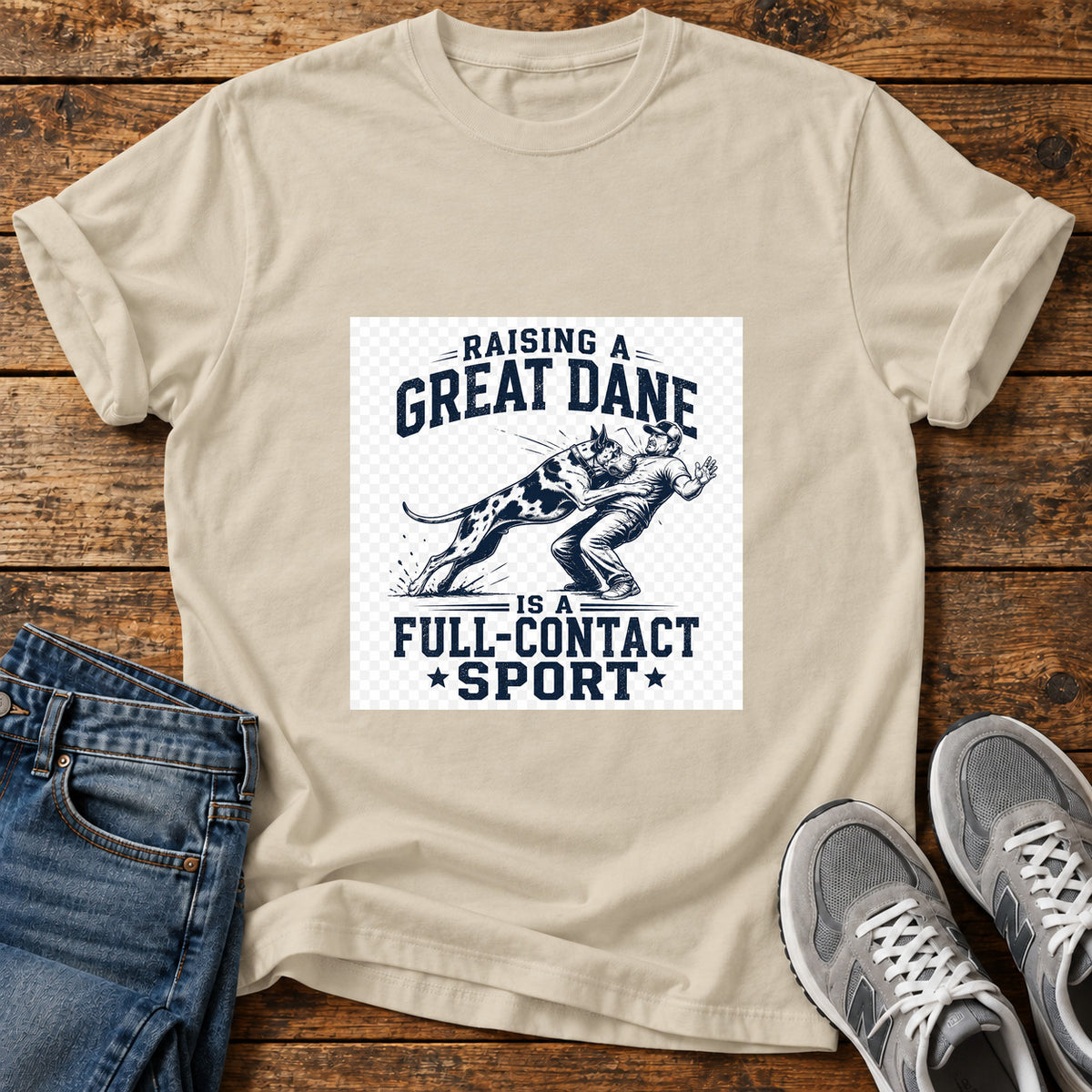 Great Dane Sport graphic T-shirt in Sand, shown on a flat-lay shirt mockup