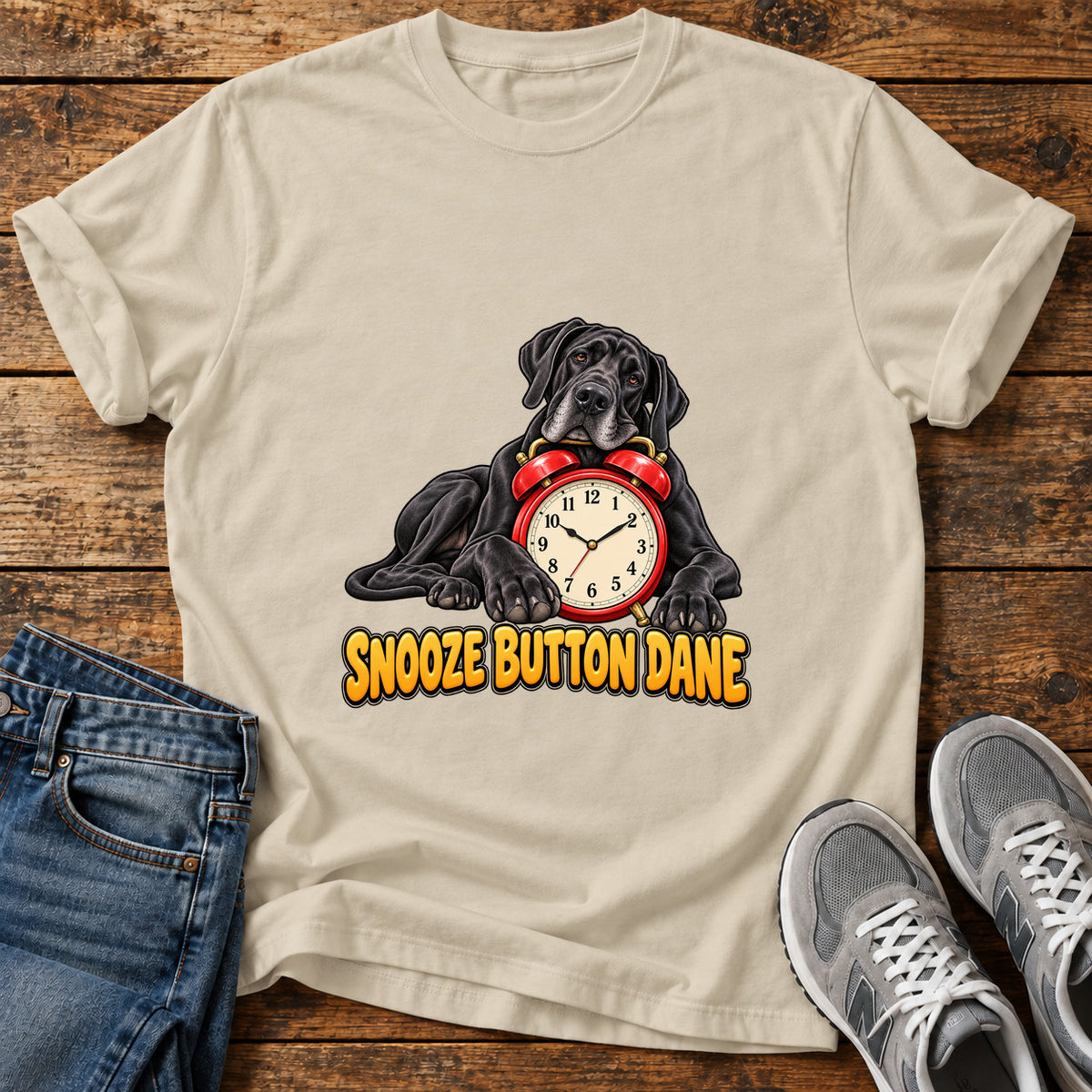Snooze Button Dane Great Dane graphic T-shirt in Sand, shown on a flat-lay shirt mockup