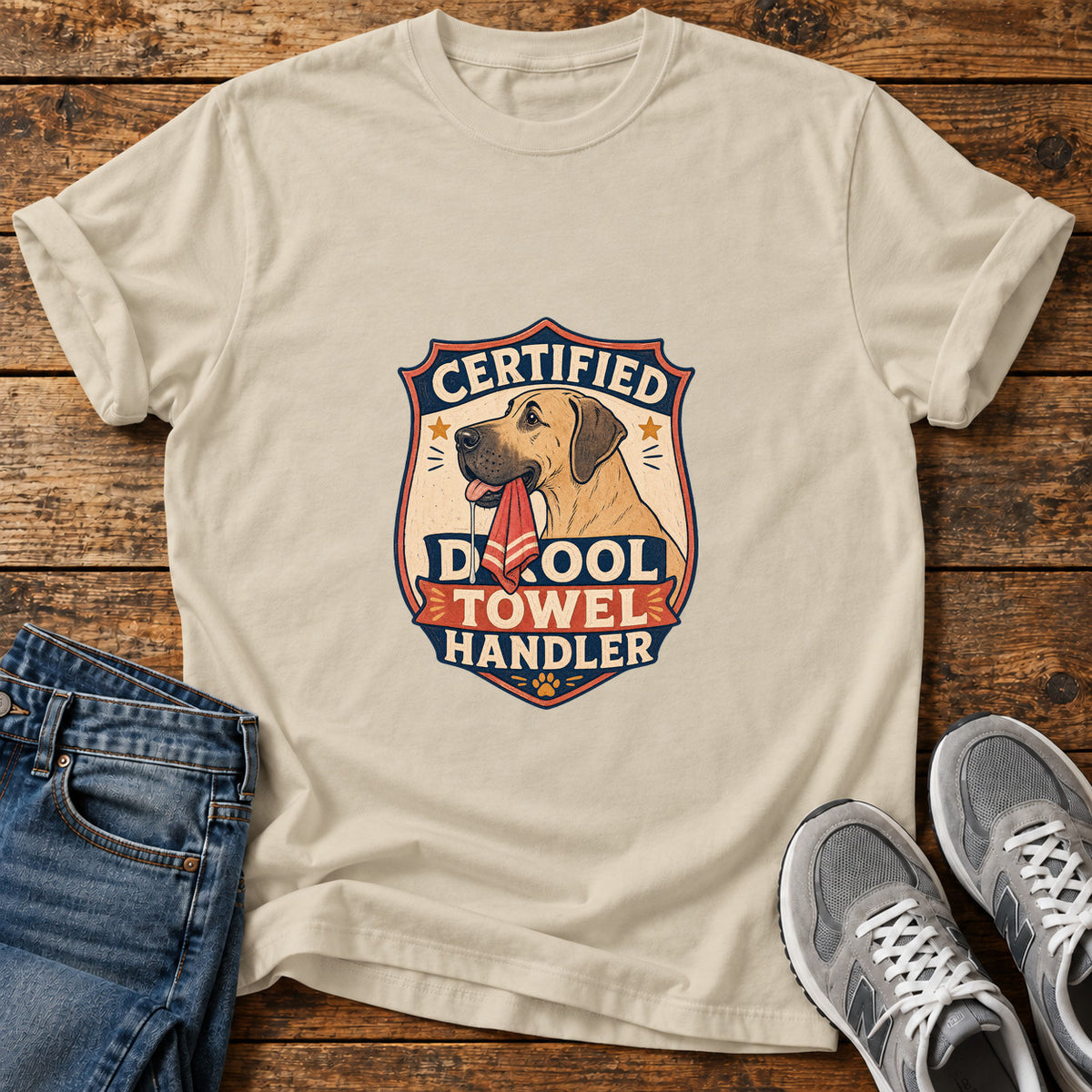 Certified Drool Handler Great Dane graphic T-shirt in Sand, shown on a flat-lay shirt mockup