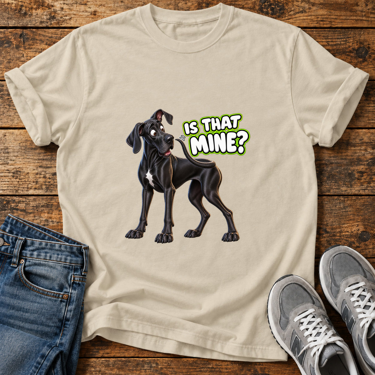 Is That Mine Great Dane graphic T-shirt in Sand, shown on a flat-lay shirt mockup