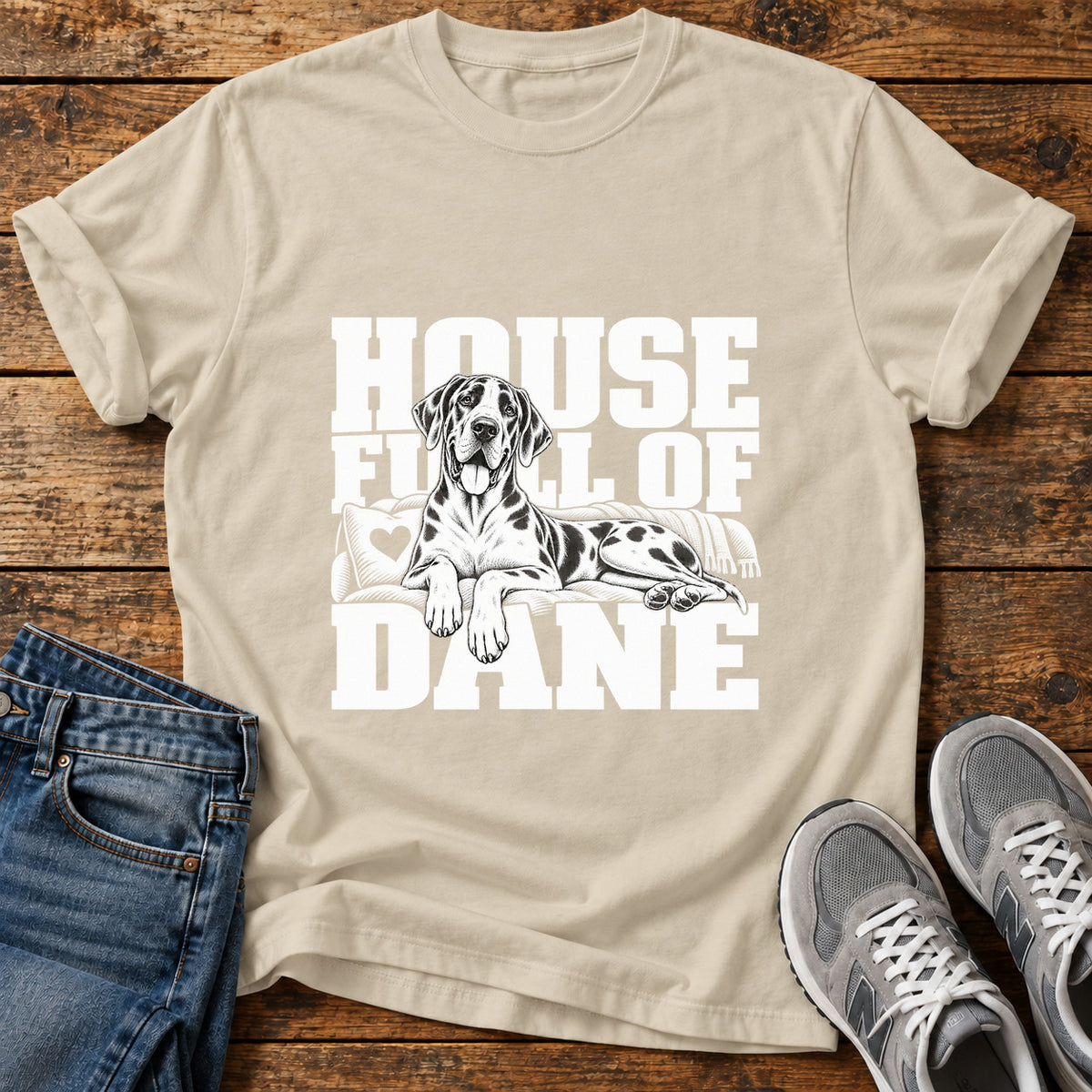 House Full Great Dane graphic T-shirt in Sand, shown on a flat-lay shirt mockup