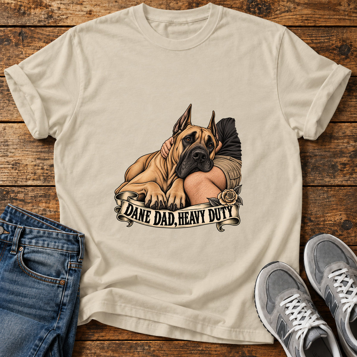 Dane Dad Duty Great Dane graphic T-shirt in Sand, shown on a flat-lay shirt mockup