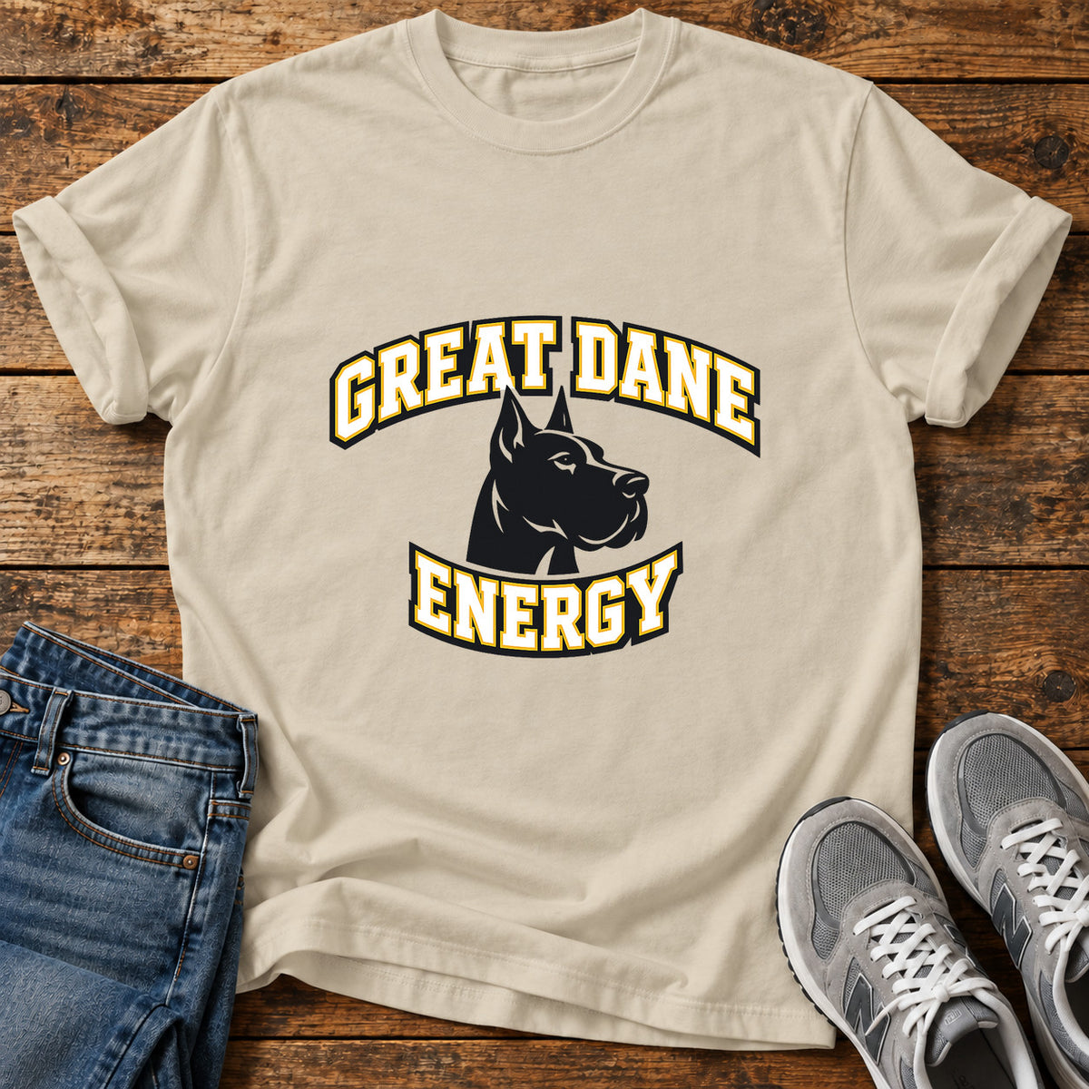 Great Dane Energy graphic T-shirt in Sand, shown on a flat-lay shirt mockup