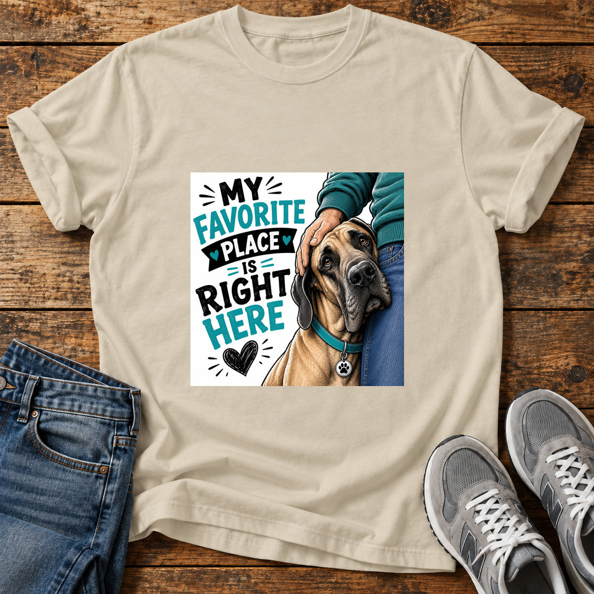 Favorite Place Great Dane graphic T-shirt in Sand, shown on a flat-lay shirt mockup