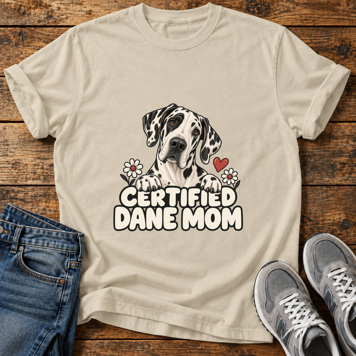 Certified Dane Mom Great Dane graphic T-shirt in Sand, shown on a flat-lay shirt mockup