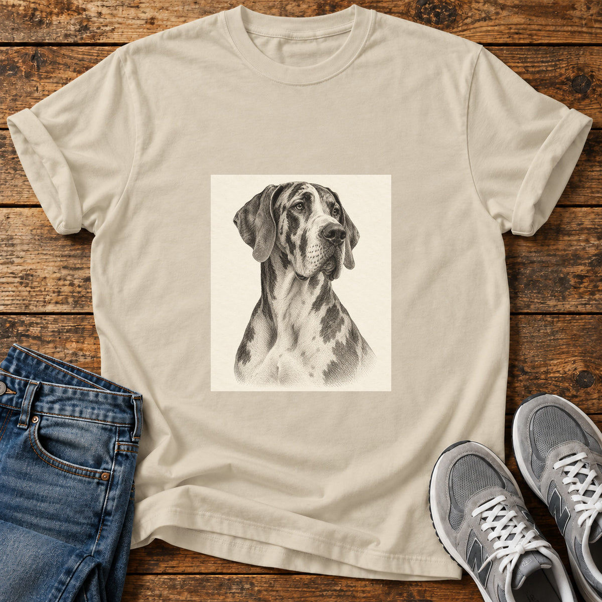 Great Dane Majesty graphic T-shirt in Sand, shown on a flat-lay shirt mockup