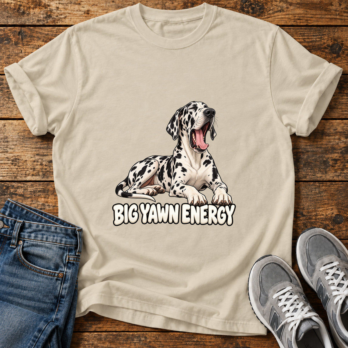 Big Yawn Energy Great Dane graphic T-shirt in Sand, shown on a flat-lay shirt mockup