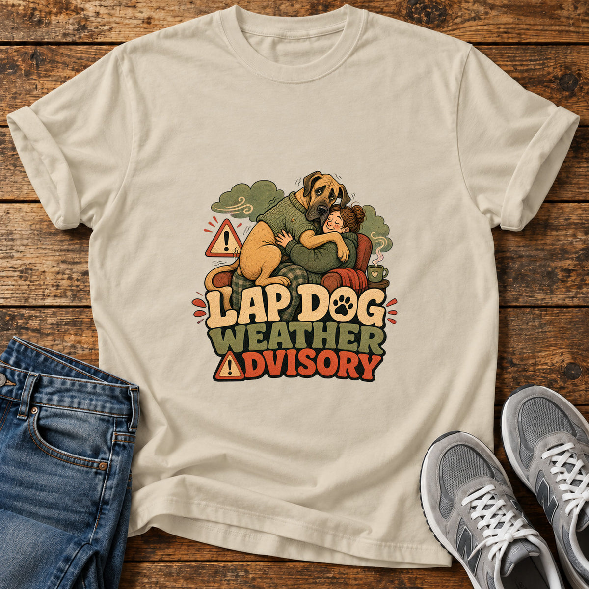 Lap Dog Advisory Great Dane graphic T-shirt in Sand, shown on a flat-lay shirt mockup
