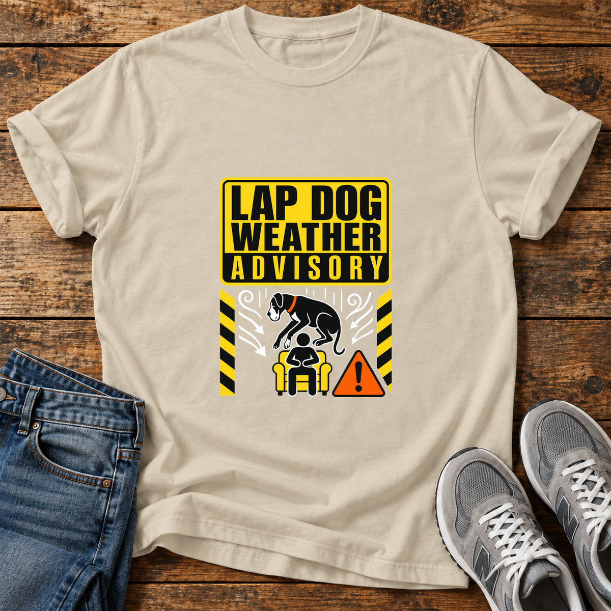 Lap Dog Advisory Great Dane graphic T-shirt in Sand, shown on a flat-lay shirt mockup