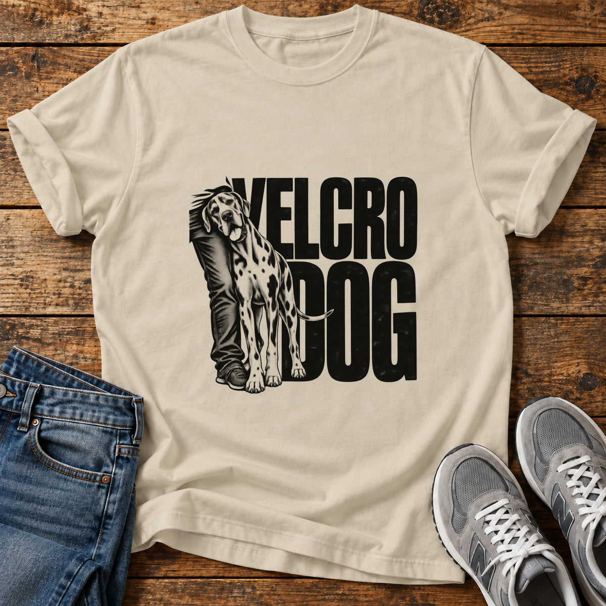 Velcro Dog Great Dane graphic T-shirt in Sand, shown on a flat-lay shirt mockup