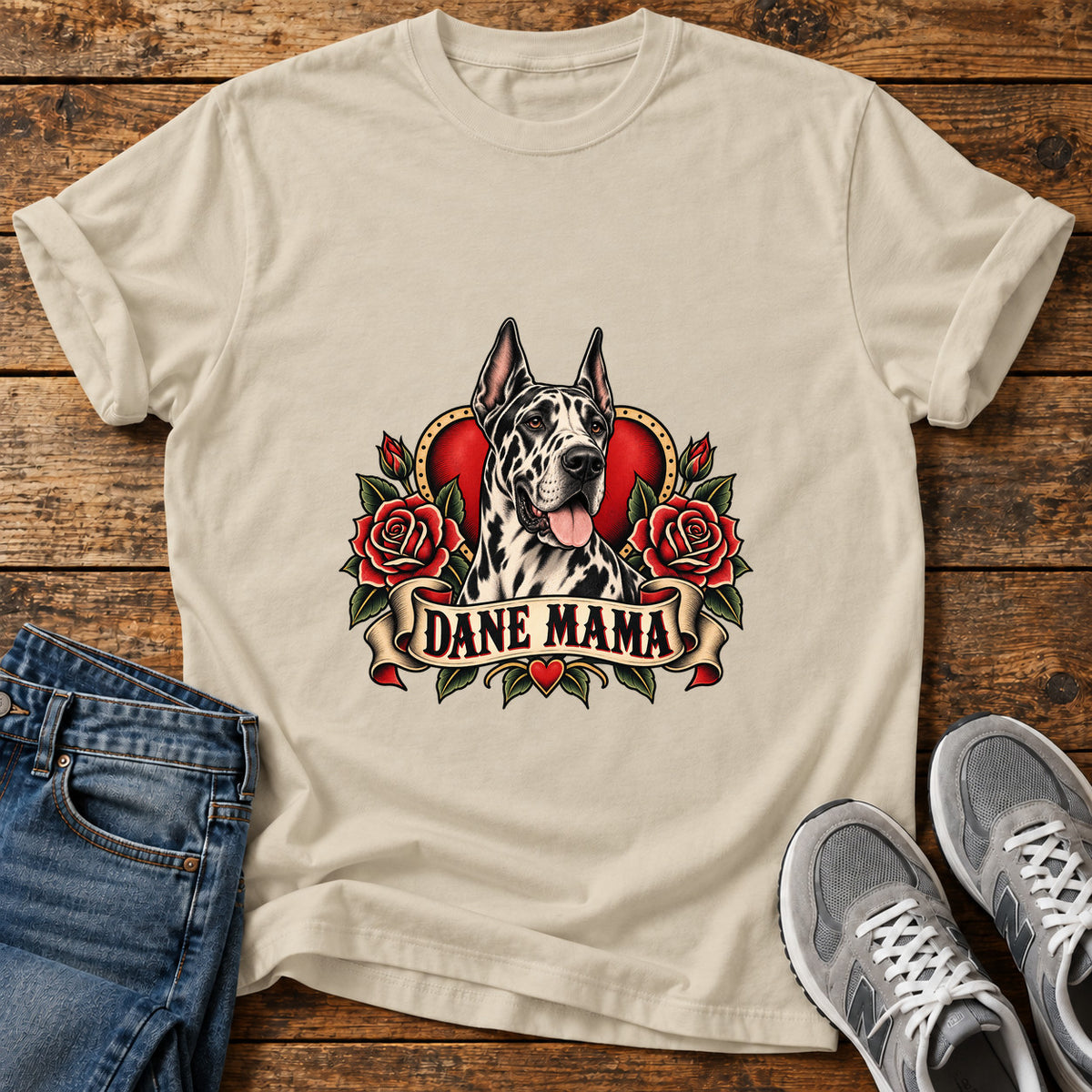 Dane Mama Great Dane graphic T-shirt in Sand, shown on a flat-lay shirt mockup