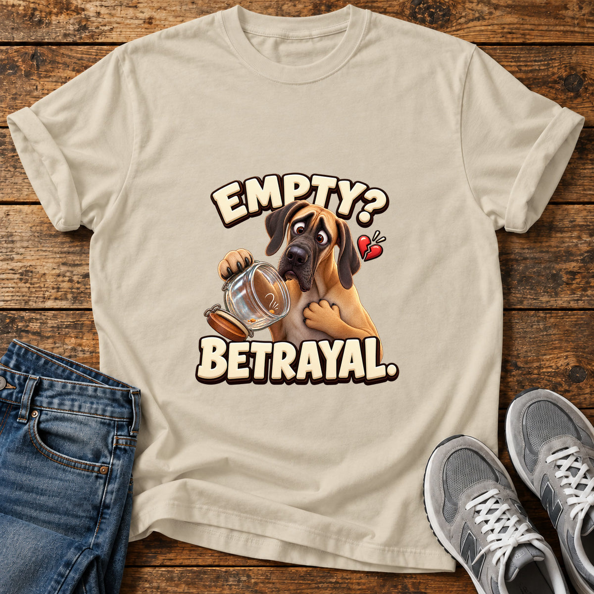 Empty Betrayal Great Dane graphic T-shirt in Sand, shown on a flat-lay shirt mockup