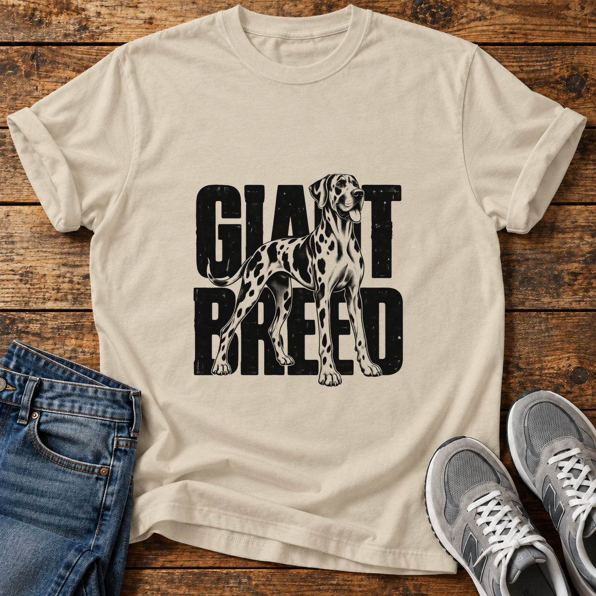 Giant Breed Great Dane graphic T-shirt in Sand, shown on a flat-lay shirt mockup