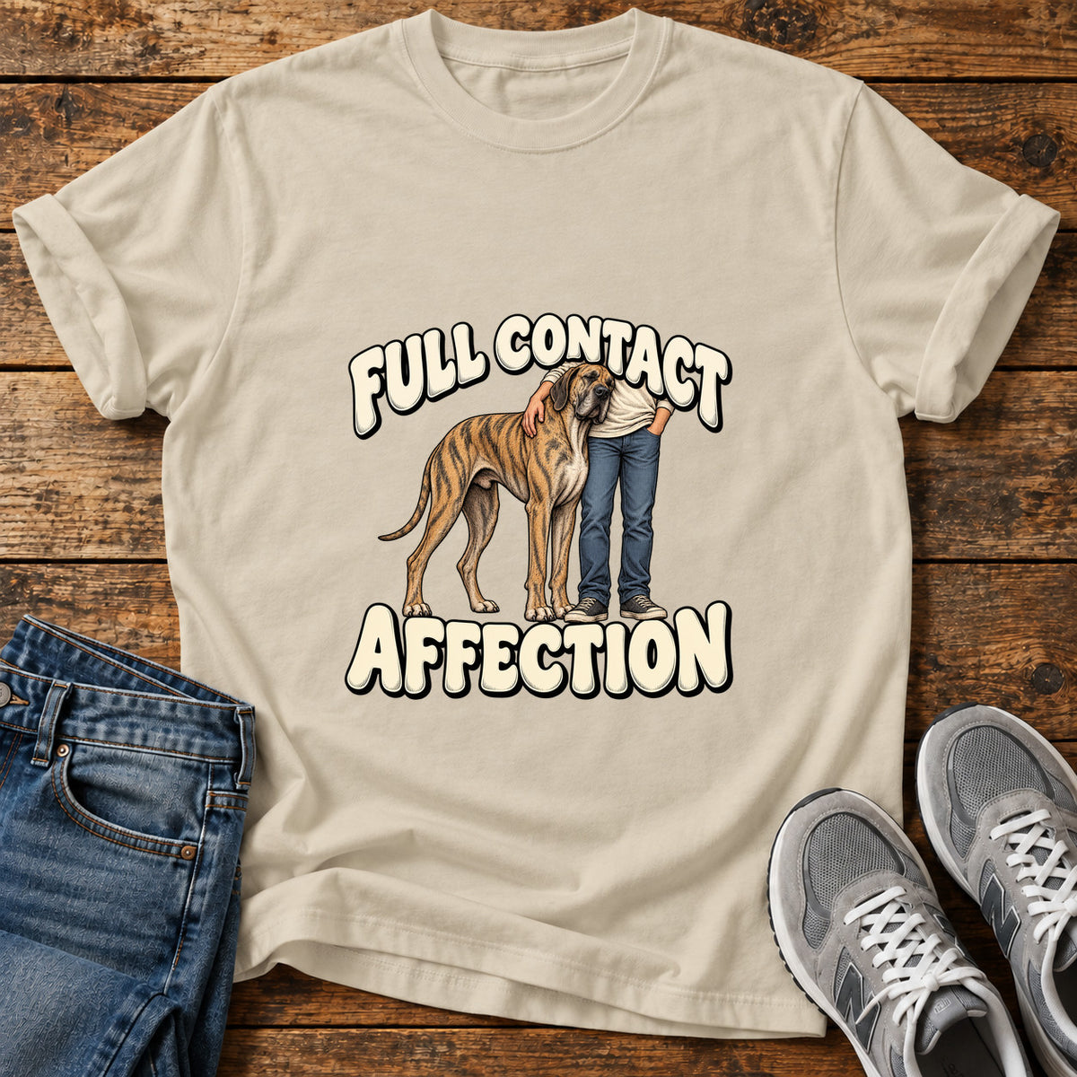 Full Contact Affection Great Dane graphic T-shirt in Sand, shown on a flat-lay shirt mockup
