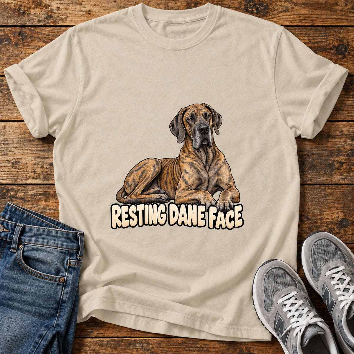 Resting Dane Face Great Dane graphic T-shirt in Sand, shown on a flat-lay shirt mockup