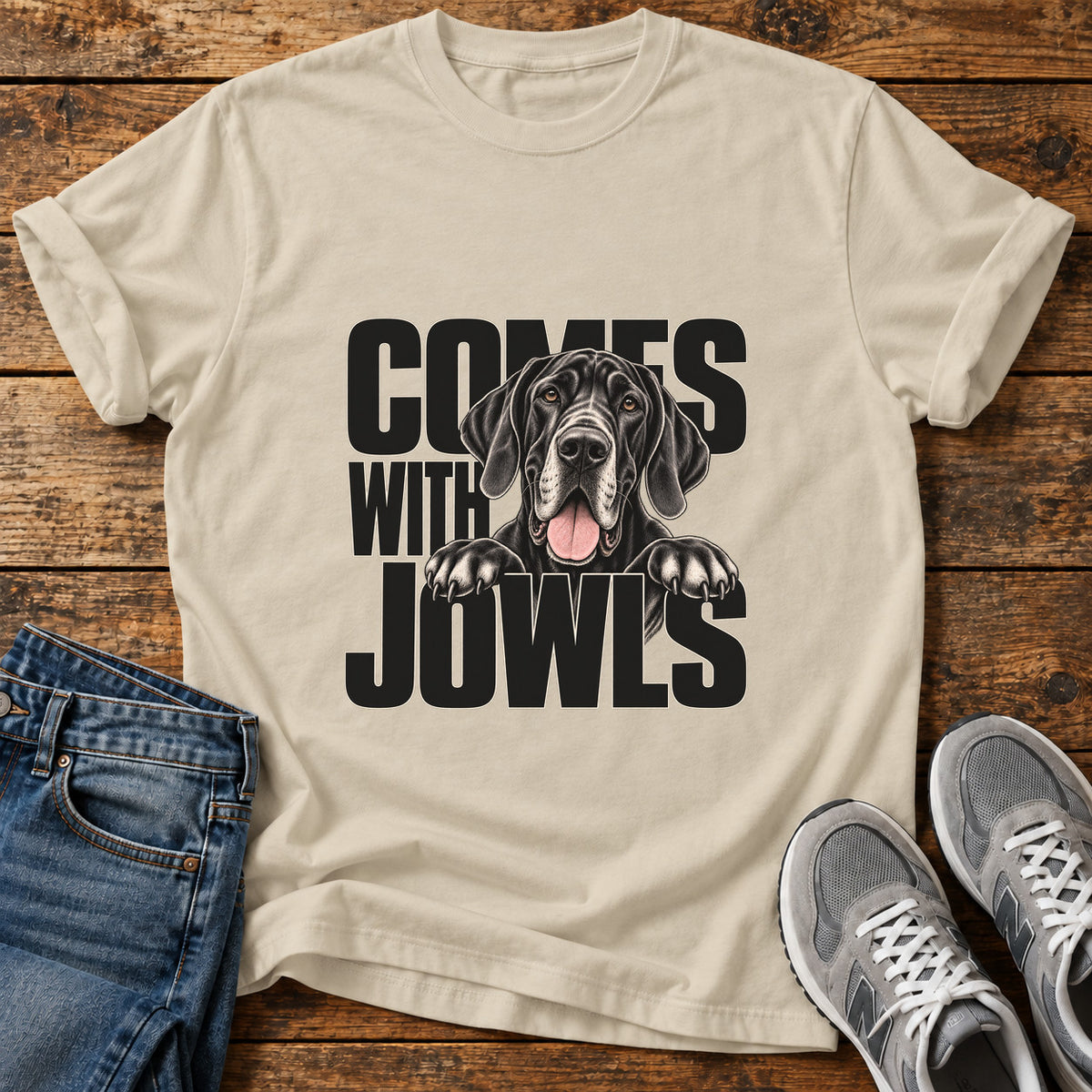 Comes With Jowls Great Dane graphic T-shirt in Sand, shown on a flat-lay shirt mockup