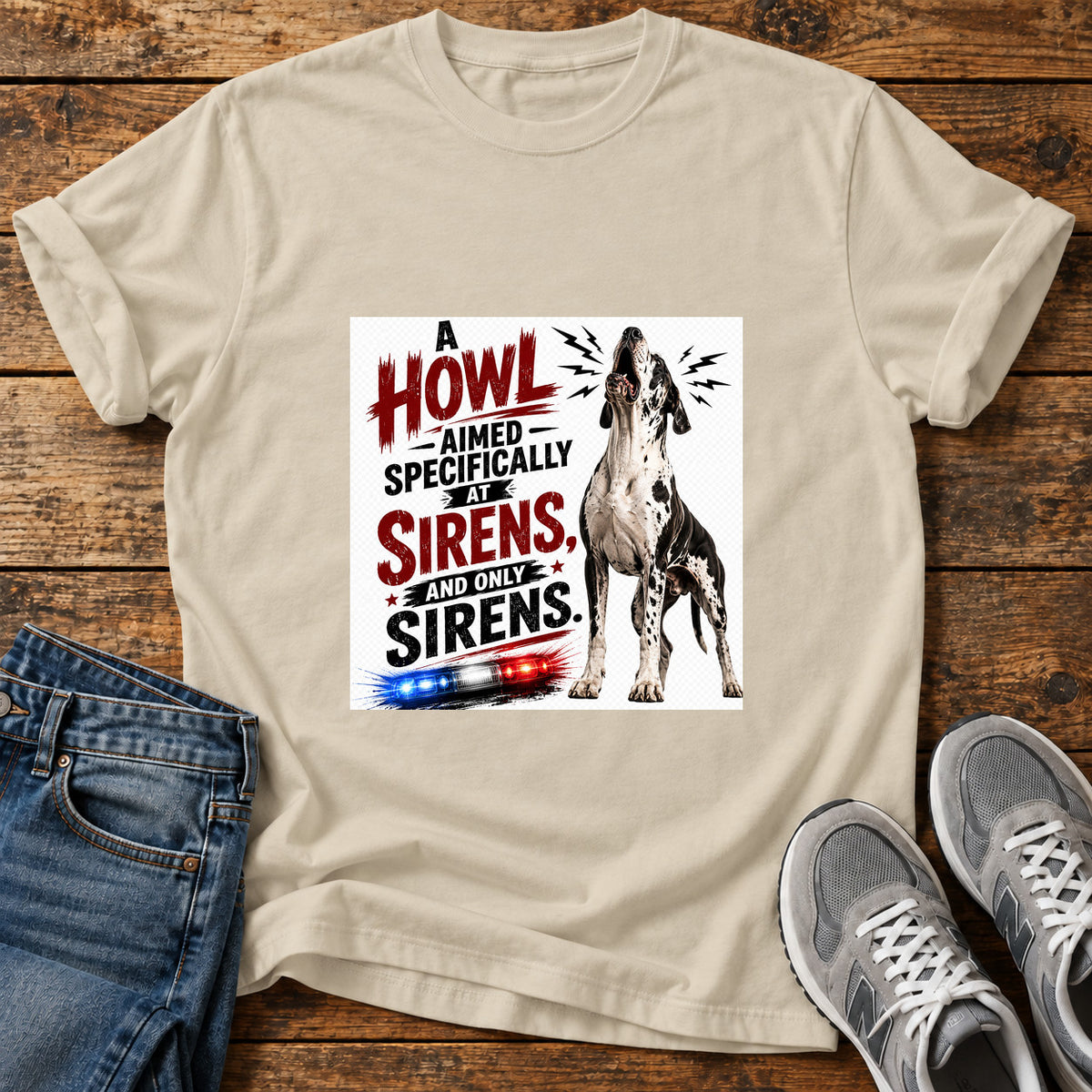 Howl Siren Dog Great Dane graphic T-shirt in Sand, shown on a flat-lay shirt mockup