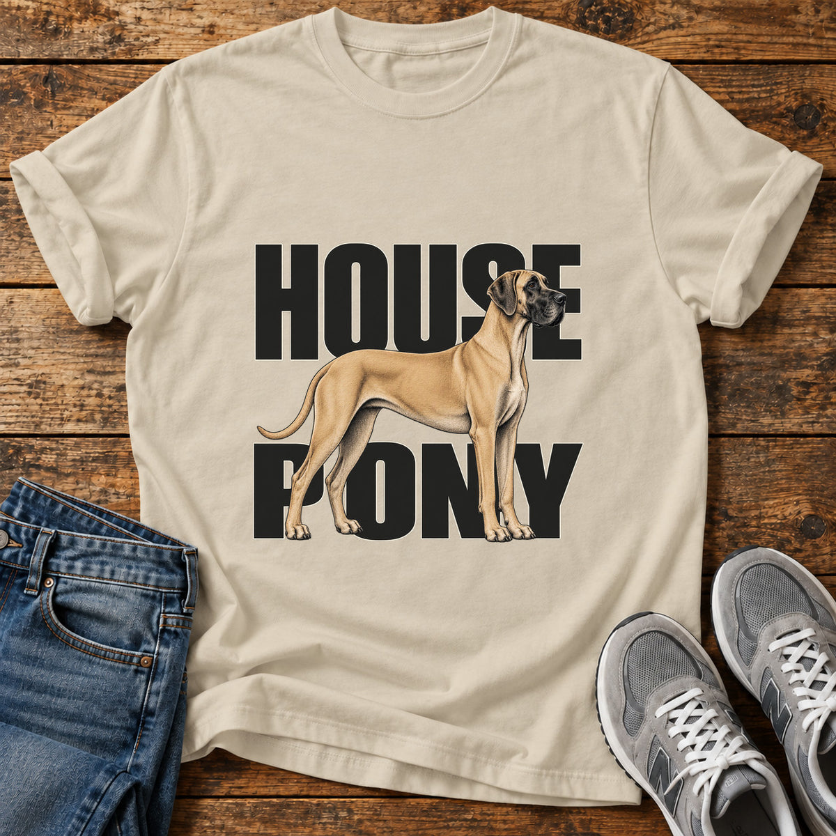 House Pony Great Dane graphic T-shirt in Sand, shown on a flat-lay shirt mockup