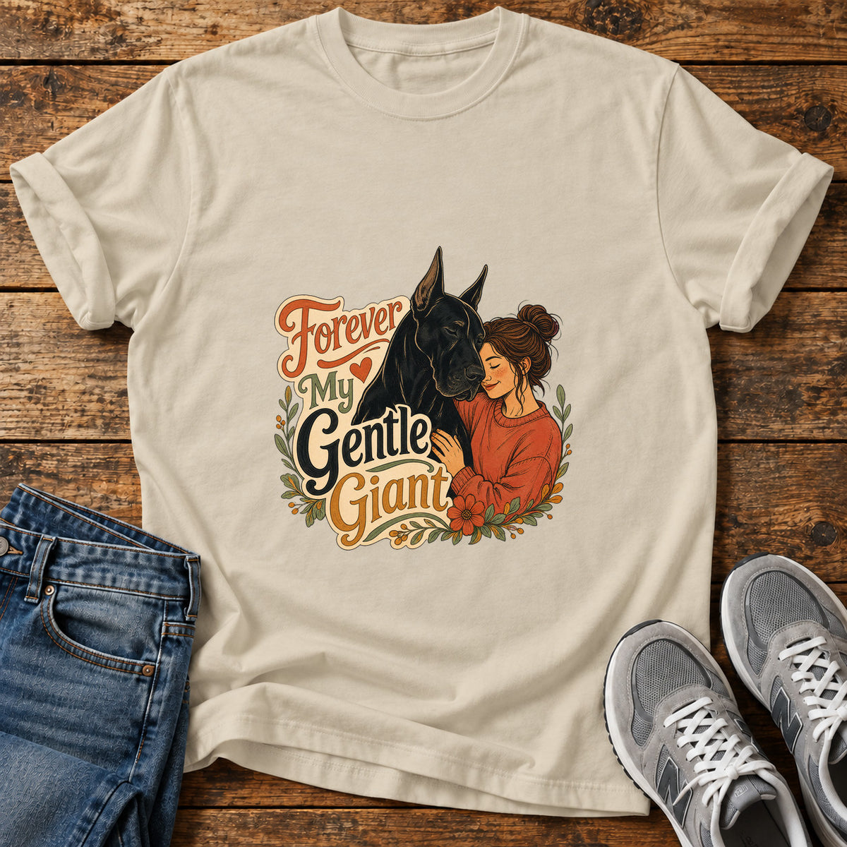 Forever My Giant Great Dane graphic T-shirt in Sand, shown on a flat-lay shirt mockup